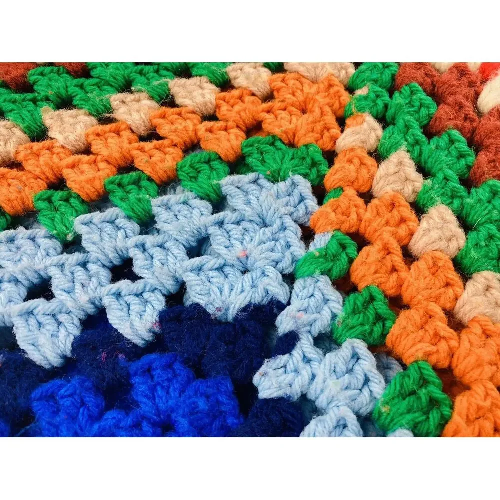 Vintage ONE Granny Square Afghan Crochet Blanket Throw Bright Multicolor Retro H